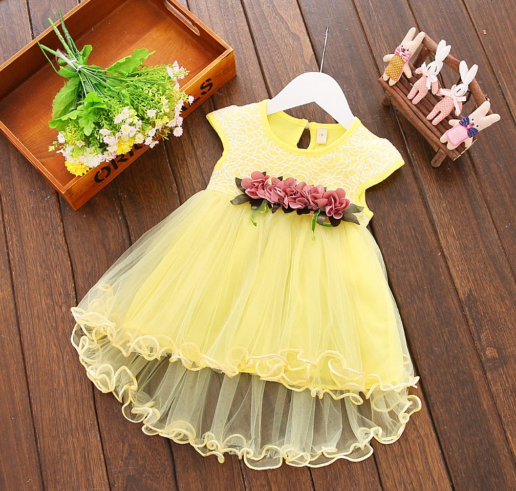 Yellow Lace Ruffle Hem Dress with Clip on Floral Detail #1001135