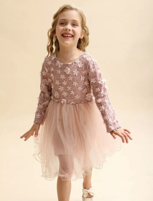 Dusty Pink Long Sleeve Floral Dress #1001111