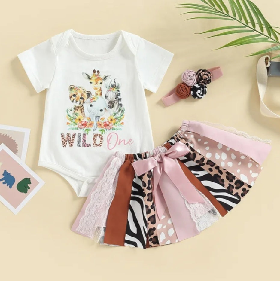 Wild One Birthday Romper, Animal Print Tutu and Headband #1000407