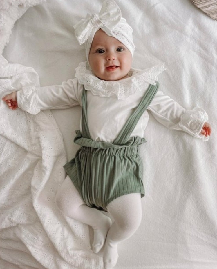 White Romper with Lace Neckline and Mint Green Overalls #1000388