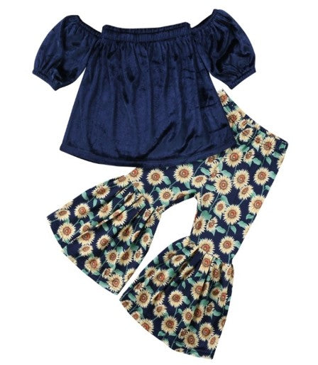 Navy Velvet On Or Off The Shoulder Top and Sunflower Bell Bottoms #1000285